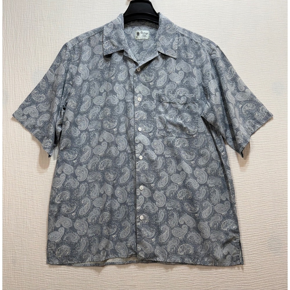 Vintage Silk  Button-Up Shirt Men's L‎ Gray Paisley Short Sleeve  Silk Boho